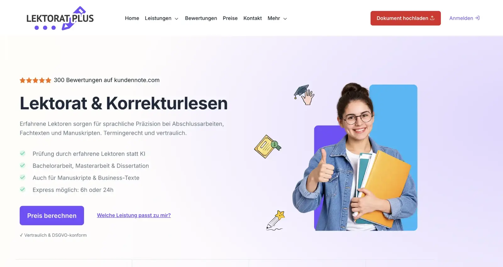 Startseite von lektorat-plus.de mit den Leistungen Lektorat und Korrekturlesen für Abschlussarbeiten, Unternehmen und Buchmanuskripte